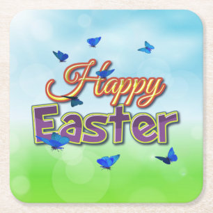 Posavasos Cuadrado De Papel Mariposas felices de Pascua