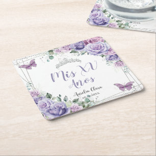 Posavasos Cuadrado De Papel Mariposas Florales Púrpura Lilac Quinceanera favor