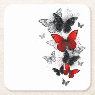 Posavasos Cuadrado De Papel Mariposas Morpho voladoras negras y rojas