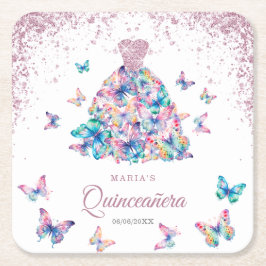 Posavasos Cuadrado De Papel Mariposas Rosa de oro esparcen a Quinceanera