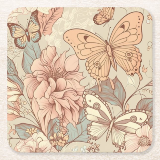 Posavasos Cuadrado De Papel Mariposas y flores (Anverso)