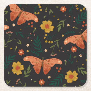Posavasos Cuadrado De Papel Mariposas y flores dibujando a mano