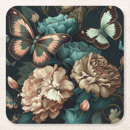 Posavasos Cuadrado De Papel Mariposas y flores diseño clásico oscuro