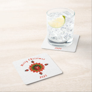 Posavasos Cuadrado De Papel Mariquita de Navidad Rojo Verde Blanco