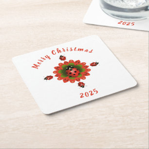 Posavasos Cuadrado De Papel Mariquita de Navidad Rojo Verde Blanco