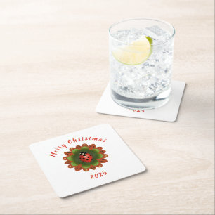 Posavasos Cuadrado De Papel Mariquita de Navidad Rojo Verde Blanco