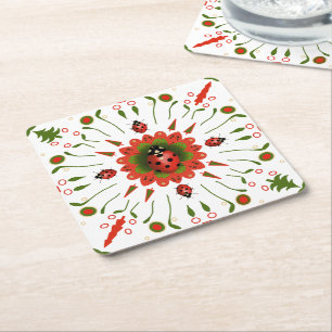 Posavasos Cuadrado De Papel Mariquita de Navidad Rojo Verde Blanco