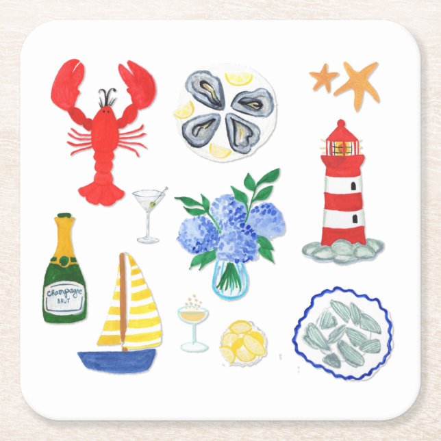 Posavasos Cuadrado De Papel Mariscos de Nueva Inglaterra - Temático (Anverso)
