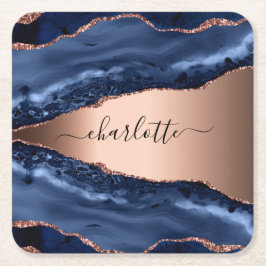Posavasos Cuadrado De Papel Mármol ágata azul rosa dorado nombre script
