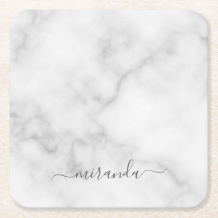 Posavasos Cuadrado De Papel Mármol blanco con nombre personalizado de script m
