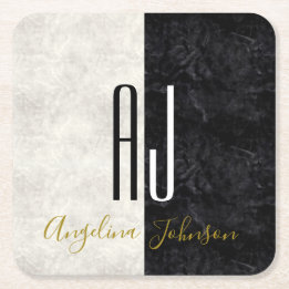 Posavasos Cuadrado De Papel Mármol blanco y negro monogramado