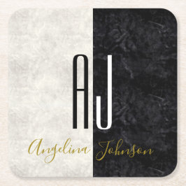 Posavasos Cuadrado De Papel Mármol blanco y negro monogramado