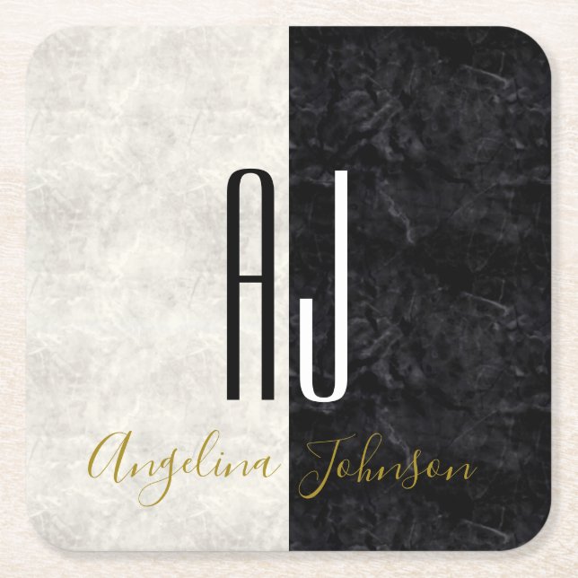 Posavasos Cuadrado De Papel Mármol blanco y negro monogramado (Anverso)