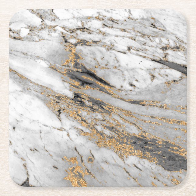 Posavasos Cuadrado De Papel Mármol con capa de oro moderna  (Anverso)