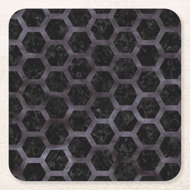 POSAVASOS CUADRADO DE PAPEL MÁRMOL NEGRO HEXAGON2 Y ACUARELA NEGRA (Anverso)