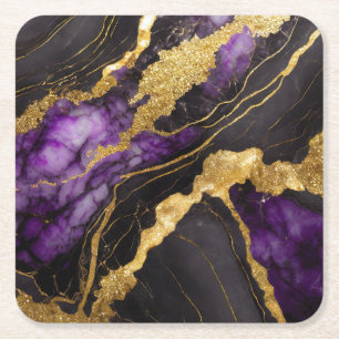 Posavasos Cuadrado De Papel Mármol púrpura negro con oro