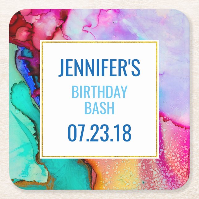 Posavasos Cuadrado De Papel Mármol rosa y turquesa abstracto acuarela (Anverso)