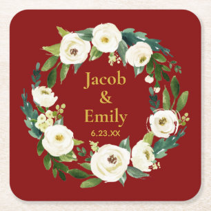 Posavasos Cuadrado De Papel Maroon Greenery Personalized Names Date Boda