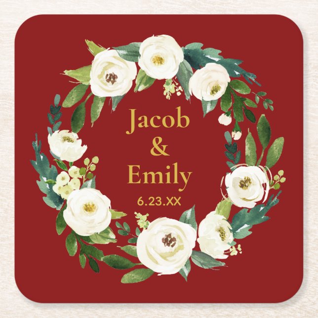 Posavasos Cuadrado De Papel Maroon Greenery Personalized Names Date Boda (Anverso)