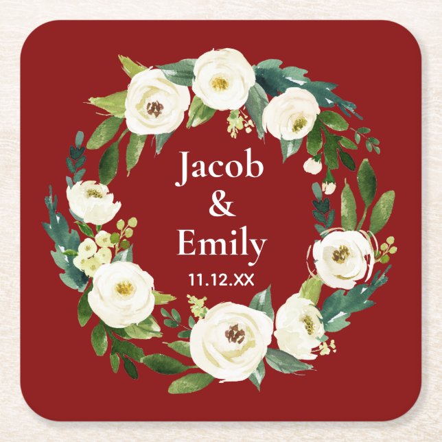Posavasos Cuadrado De Papel Maroon Greenery Personalized Names Date Boda (Anverso)