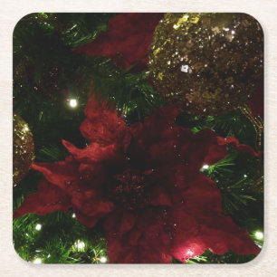 Posavasos Cuadrado De Papel Maroon y el árbol de Navidad dorado I foto de vaca