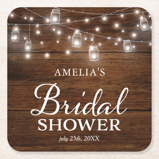 Posavasos Cuadrado De Papel Marrón Rustic Wood Mason Jars Lights Brights Showe (Anverso)