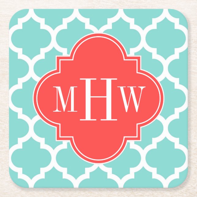 Posavasos Cuadrado De Papel Marroquí Turquesa #5 Rojo Coral 3 Monograma Inicia (Anverso)