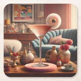 Posavasos Cuadrado De Papel Martini con flores de cerezo futurista atómico