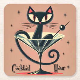 Posavasos Cuadrado De Papel Martini de gato negro de la era espacial futurista