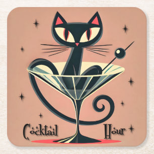 Posavasos Cuadrado De Papel Martini de gato negro de la era espacial futurista