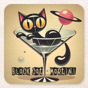 Posavasos Cuadrado De Papel Martini de gato negro de la era espacial futurista