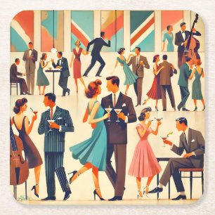 Posavasos Cuadrado De Papel Martinis Modernos De Mediados Del Siglo En El Club