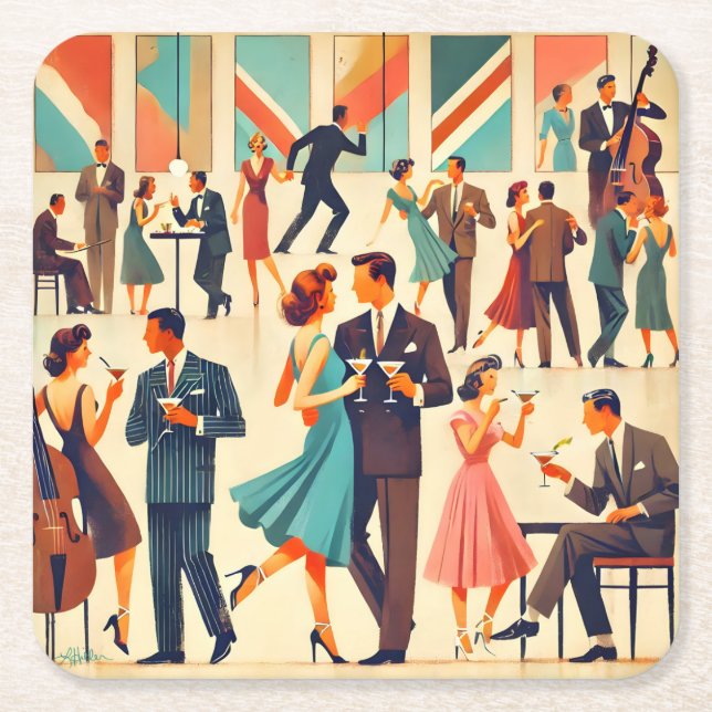 Posavasos Cuadrado De Papel Martinis Modernos De Mediados Del Siglo En El Club (Anverso)