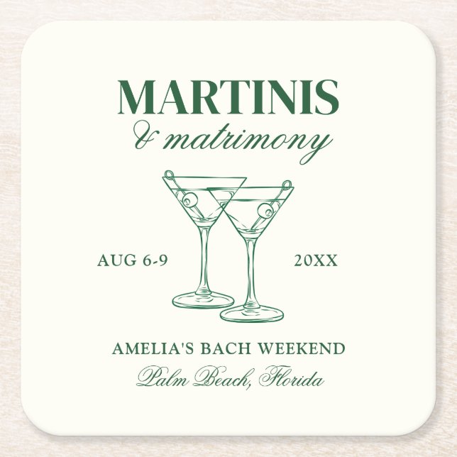 Posavasos Cuadrado De Papel Martinis y Matrimonia Bachelorette Weekend (Anverso)