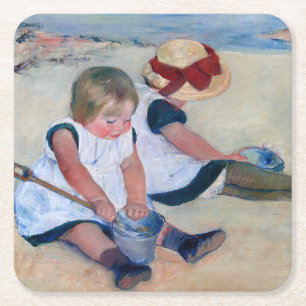 Posavasos Cuadrado De Papel Mary Cassatt Niños Jugando en la Playa 1884