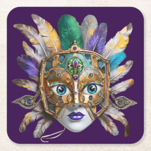 Posavasos Cuadrado De Papel Máscara de plumas y metal de Mardi Gras