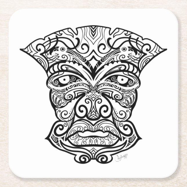 Posavasos Cuadrado De Papel Máscara de tiki blanco y negro (Anverso)