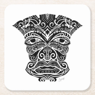 Posavasos Cuadrado De Papel Máscara Tiki Blanca Y Negra