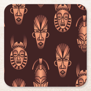 Posavasos Cuadrado De Papel Mascarillas étnicas africanas, fondo oscuro