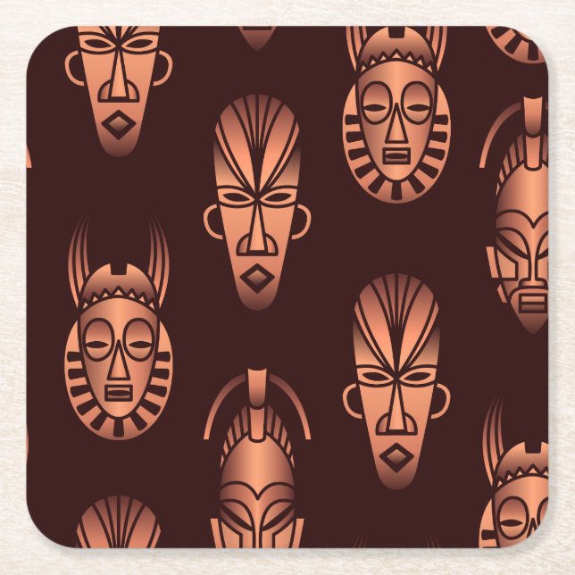 Posavasos Cuadrado De Papel Mascarillas étnicas africanas, fondo oscuro (Anverso)