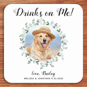 Posavasos Cuadrado De Papel Mascota personalizado Foto Boda de perro Eucalyptu