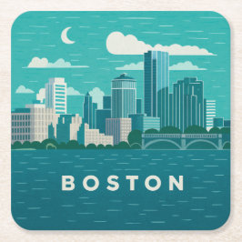 Posavasos Cuadrado De Papel Massachusetts Night Cityscape | Boston City