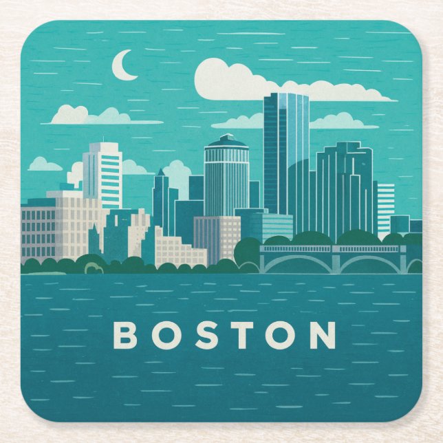 Posavasos Cuadrado De Papel Massachusetts Night Cityscape | Boston City (Anverso)