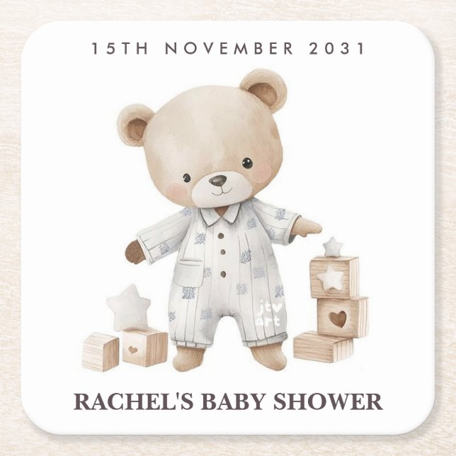 Posavasos Cuadrado De Papel Máster Baby Shower Neutral Teddy Bear (Anverso)