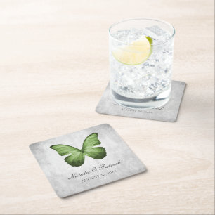Posavasos Cuadrado De Papel Máster de papel de Boda de mariposa verde