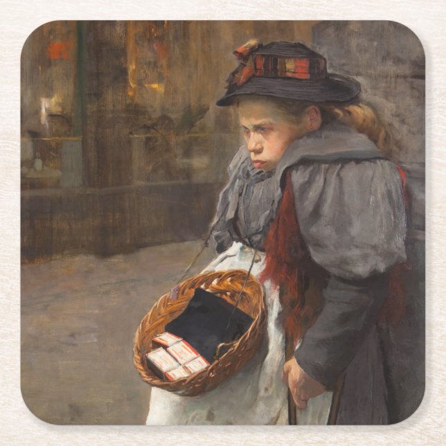 Posavasos Cuadrado De Papel Matchstick Chica Pobre Calle Urchin Pobreza Urbana (Anverso)