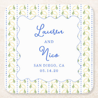 Posavasos Cuadrado De Papel Matrimonio personalizado Amalfi azul y amarillo li