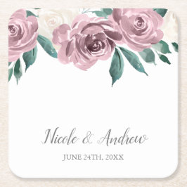Posavasos Cuadrado De Papel Mauve Watercolor Rosas Personalizado Boda Floral