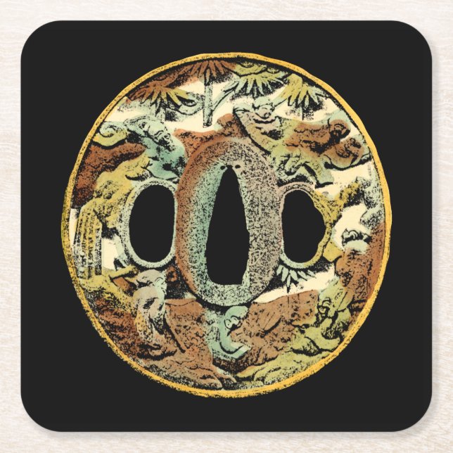 Posavasos Cuadrado De Papel Medallón asiático dorado por Vision Studio (Anverso)