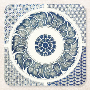 Posavasos Cuadrado De Papel Medallón Chino: Chinoiserie Azul Índigo